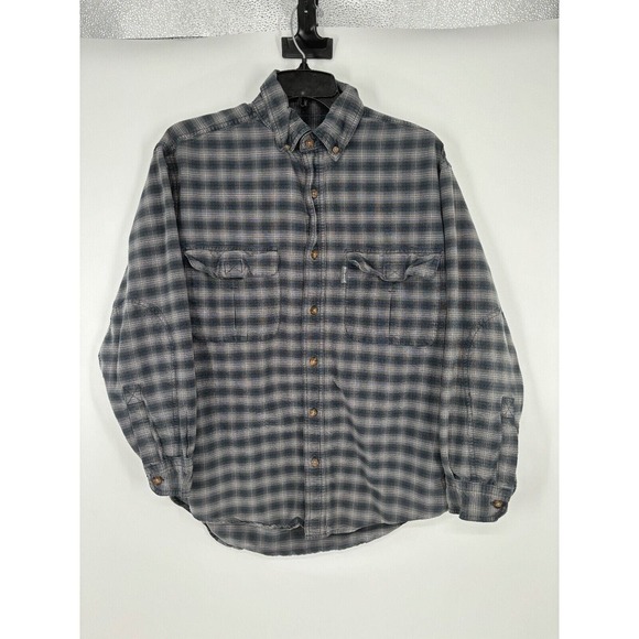 Woolrich Flannel Button Down Shirt Long Sleeve Sz M Plaid Gray Mens Pockets Logo - Picture 1 of 4
